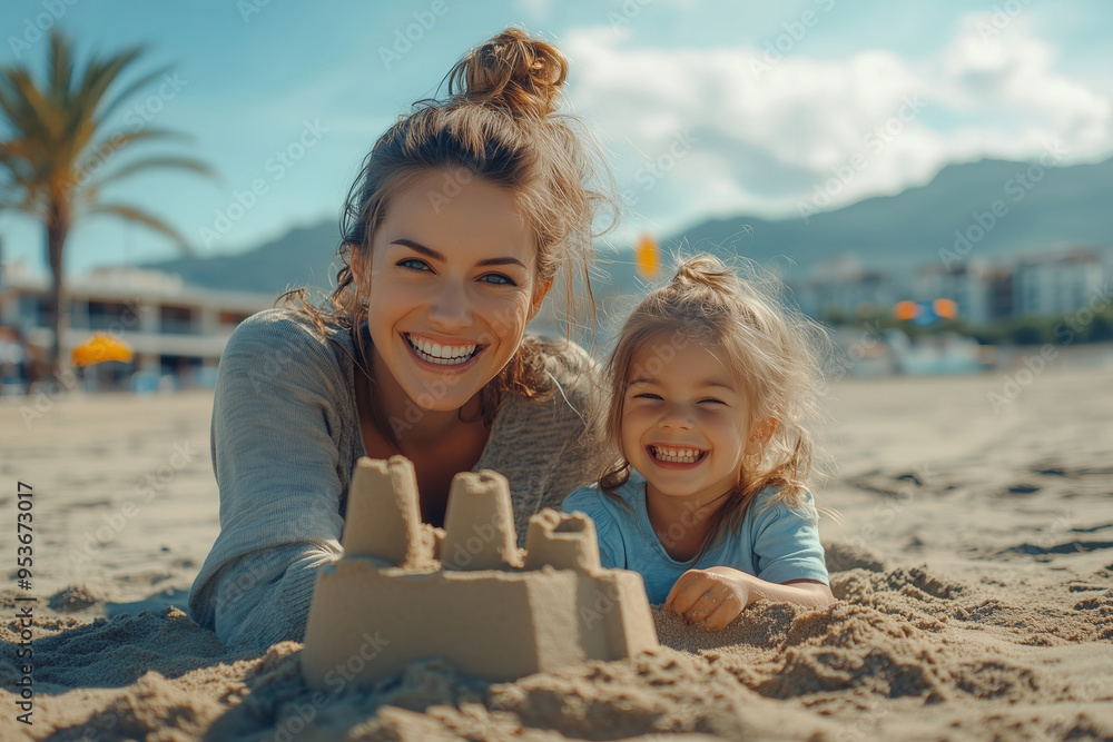 Caucasian mother and daughter build a sand castle on the beach, family is happily doing activities together. Caucasian mother and daughter build a sand castle on the beach, family is happily doing activities together.