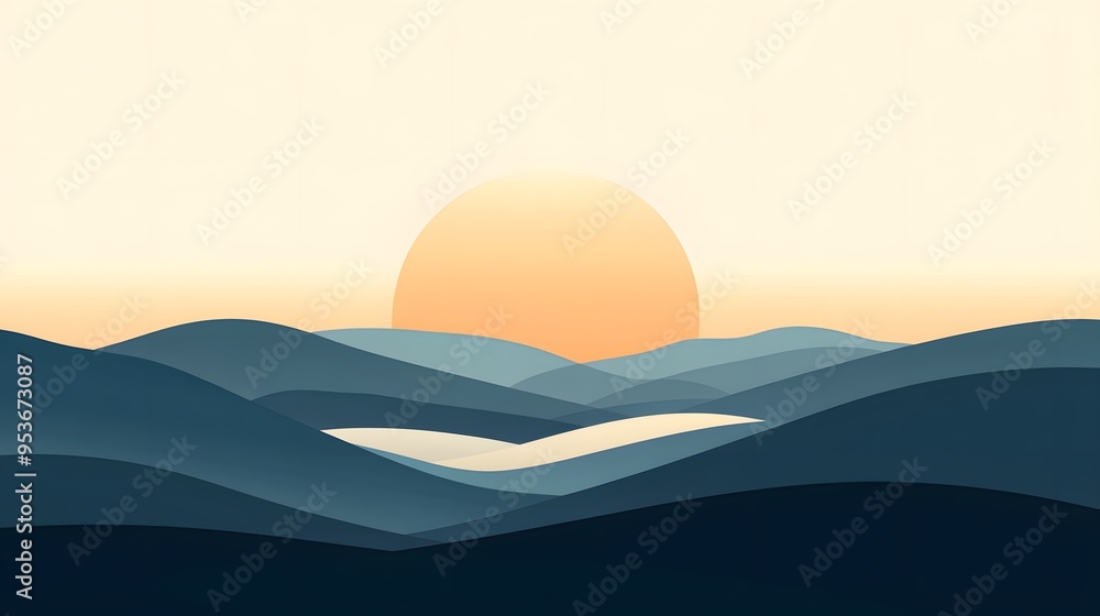 Minimalist sunset over rolling hills with a bright orange sun. Minimalist sunset over rolling hills with a bright orange sun.