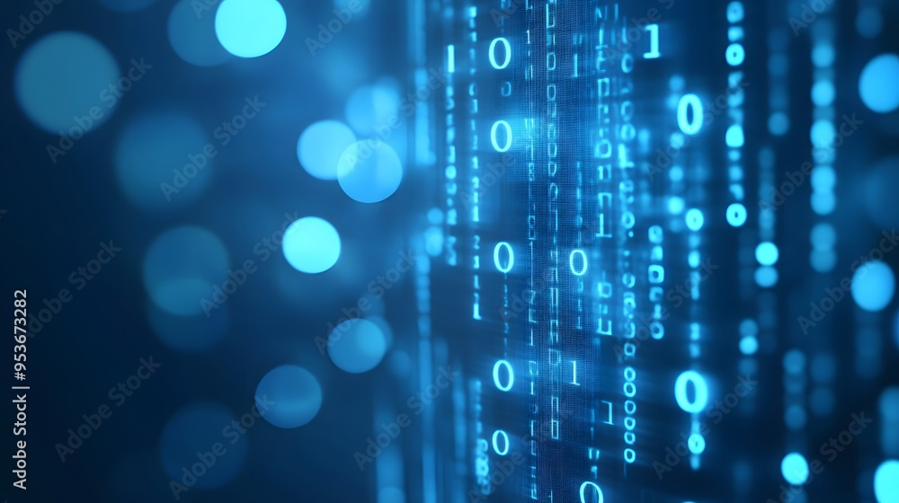 Digital binary code background with a bokeh effect, symbolizing data technology and information exchange in the digital age