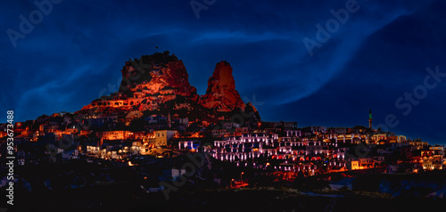 Panorama at night of the ancient city Uchisar in Cappadocia.