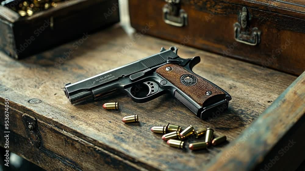 Close-up of a pistol on a rustic wooden table with ammunition resting nearby Close-up of a pistol on a rustic wooden table with ammunition resting nearby