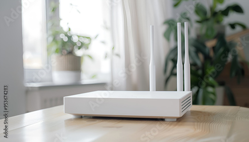 New white Wi-Fi router on wooden table indoors photo