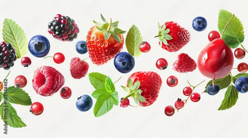 A vibrant display of fresh berries and leaves. Colorful strawberries, blueberries, raspberries, and blackberries are arranged beautifully. Perfect for healthy food themes, designs, or decor. AI A vibrant display of fresh berries and leaves. Colorful strawberries, blueberries, raspberries, and blackberries are arranged beautifully. Perfect for healthy food themes, designs, or decor. AI