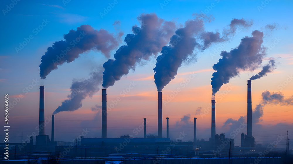 Factory Smoke Stacks Releasing Pollution at Dawn Factory Smoke Stacks Releasing Pollution at Dawn