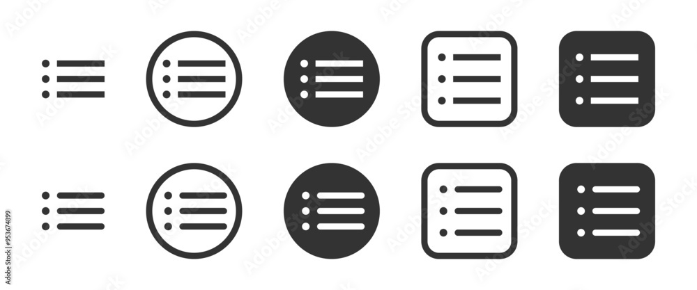 Vector icons of bullet point lists in different shapes, including circle and square. Menu icon. Suitable for UI, to-do lists, and infographics. Vector icons of bullet point lists in different shapes, including circle and square. Menu icon. Suitable for UI, to-do lists, and infographics.