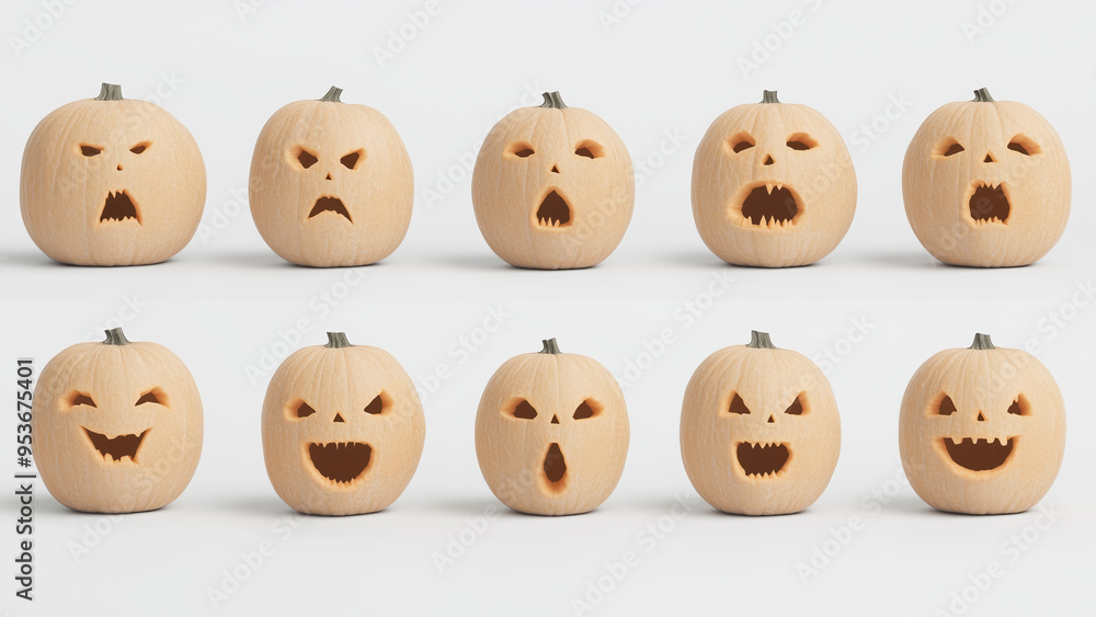 Carved jack-o'-lantern faces with various spooky expressions on pale pumpkins Carved jack-o'-lantern faces with various spooky expressions on pale pumpkins