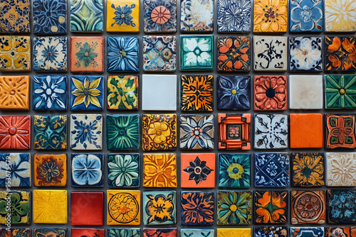 Brightly colored tiles with traditional patterns. Arranged neatly on the wall, each tile is painted with a unique design.