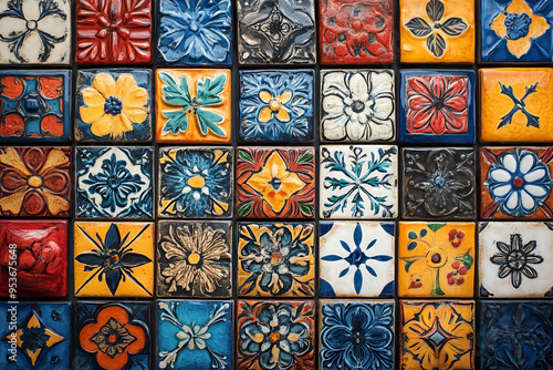 Brightly colored tiles with traditional patterns. Arranged neatly on the wall, each tile is painted with a unique design.