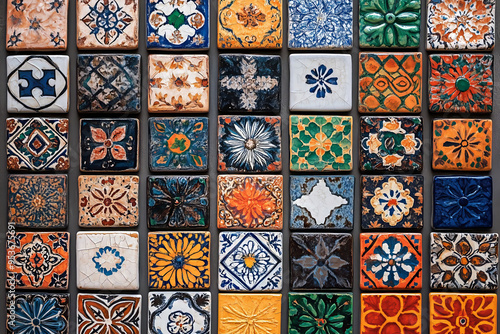 Brightly colored tiles with traditional patterns. Arranged neatly on the wall, each tile is painted with a unique design.
