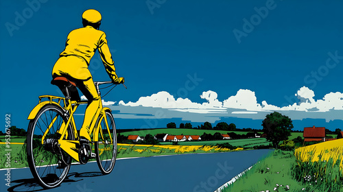 A person rides a yellow bic...
