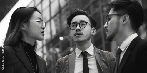 Three business people in a city setting, wearing formal suits and glasses. photo