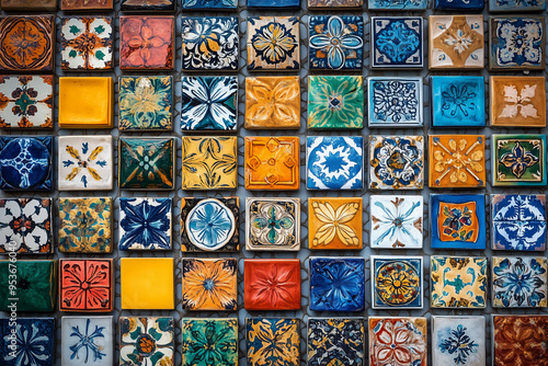 Brightly colored tiles with traditional patterns. Arranged neatly on the wall, each tile is painted with a unique design.