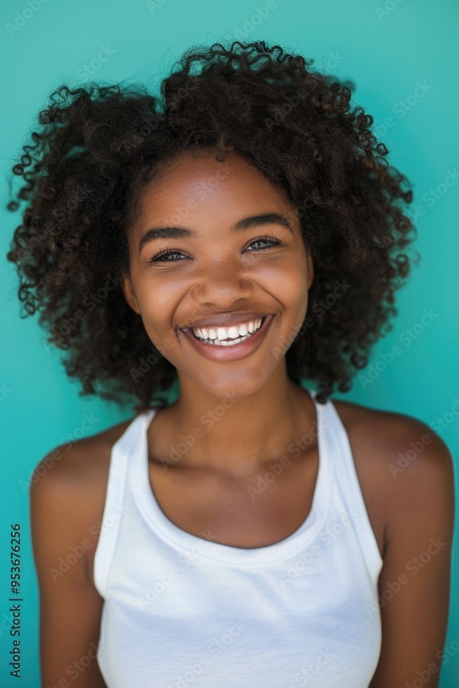 A cheerful woman with natural hair smiling brightly, wearing athletic clothing against a blue backdrop. A cheerful woman with natural hair smiling brightly, wearing athletic clothing against a blue backdrop.