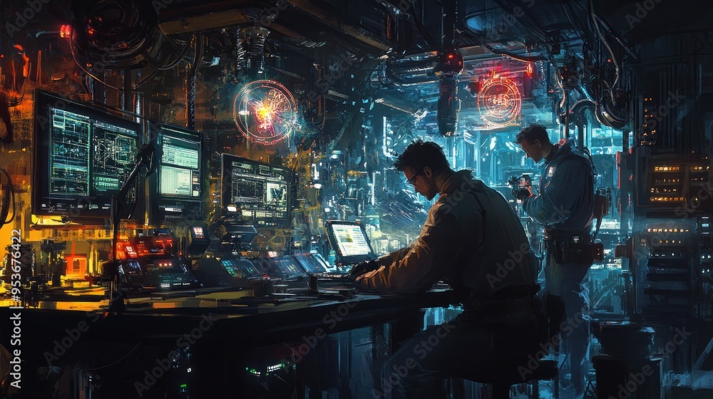 Two Men Working in a Futuristic Control Room Two Men Working in a Futuristic Control Room