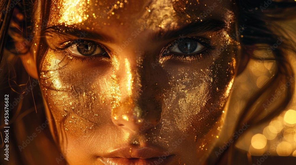 Glittery golden eye and face makeup on model with ethereal look. Glittery golden eye and face makeup on model with ethereal look.