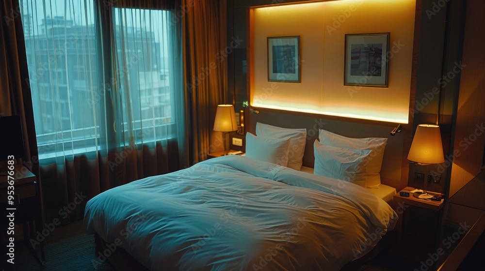 A well-lit hotel room featuring a large bed with white linens ...