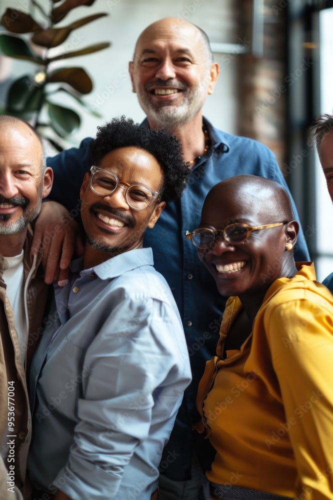 A diverse group of colleagues posing for a photo with broad smiles, reflecting an inclusive and happy workplace environment.