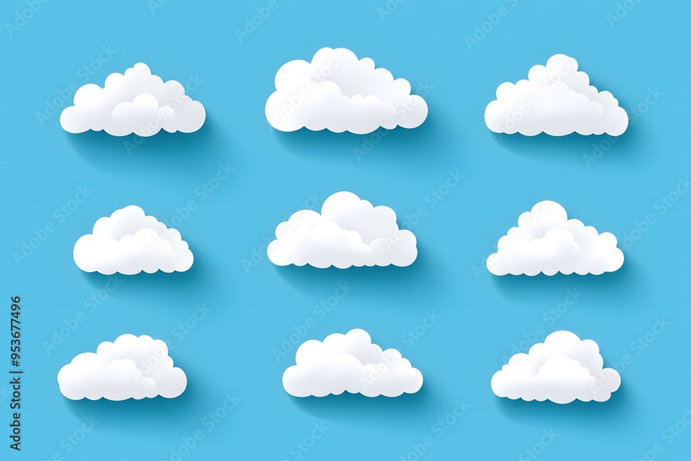 Set of nine white clouds with long shadows on a blue background. Set of nine white clouds with long shadows on a blue background.