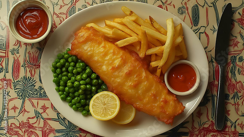 A plate of fried fish, chips, peas, lemon wedges, and a small bowl of ketchup. photo