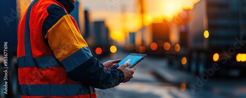 A worker in a safety vest uses a tablet outdoors, with trucks and a sunset in the background, symbolizing logistics and transport.