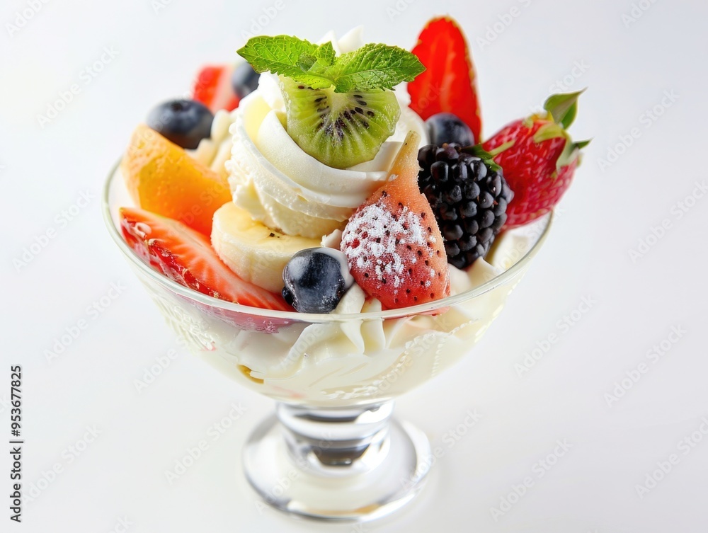 A creamy dessert with fresh fruit and a sprig of mint. A creamy dessert with fresh fruit and a sprig of mint.