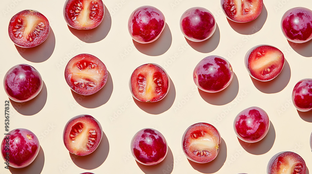 Fototapeta premium Isolated red berry pattern, ripe and juicy plums on white background, sweet and healthy food