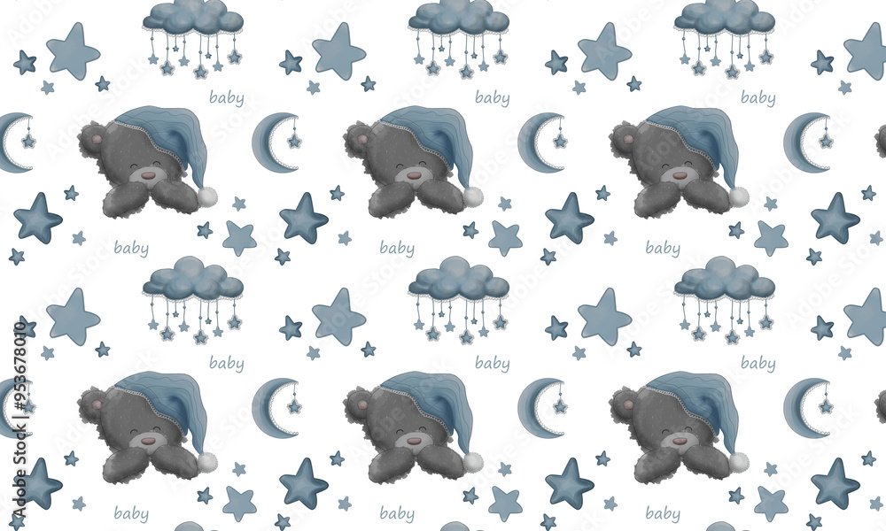 Seamless pattern with cute teddy bear, stars, moon and cloud. Hand drawn template on isolated background. Can be used as nursery print, baby shower, background, wallpaper, for fabric, textile Seamless pattern with cute teddy bear, stars, moon and cloud. Hand drawn template on isolated background. Can be used as nursery print, baby shower, background, wallpaper, for fabric, textile