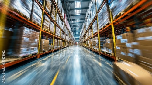 Blurred View of a Warehouse with Rows of Cardboard Boxes on Shelves