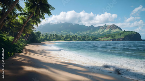 A pristine beach with white sand, turquoise water, and palm trees in front of a lush, green mountain.