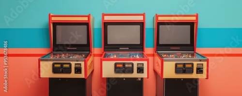 Three vintage arcade machines against a colorful retro backdrop, evoking nostalgia and playful gaming memories. photo