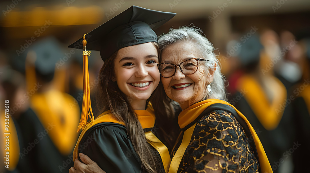 © Siasart Stock - A proud grandmother hugs her granddaughter, a recent graduate, at their graduation ceremony.