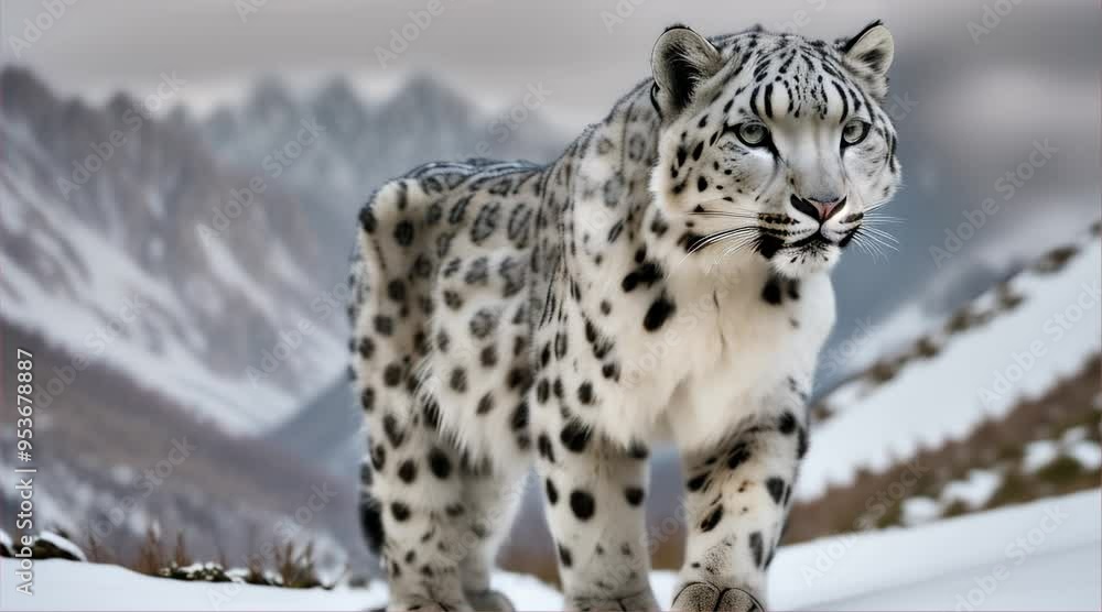 A close-up of a snow leopard prowling through a snowy mountainside, with the distant peaks blurred in the background. A close-up of a snow leopard prowling through a snowy mountainside, with the distant peaks blurred in the background.