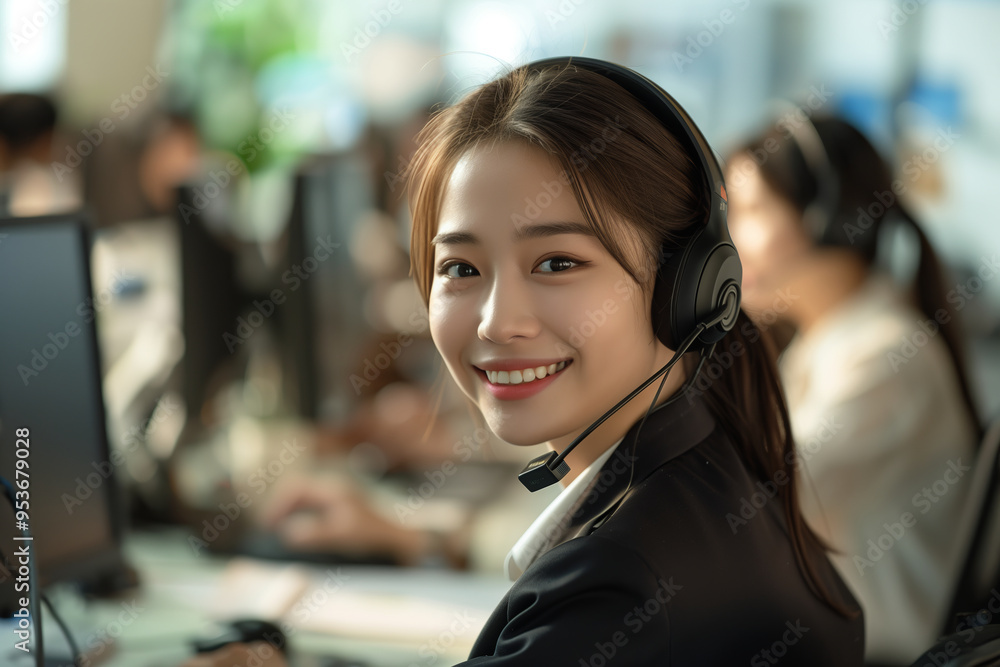 Asian call center employee working in office, communicating with customers Asian call center employee working in office, communicating with customers