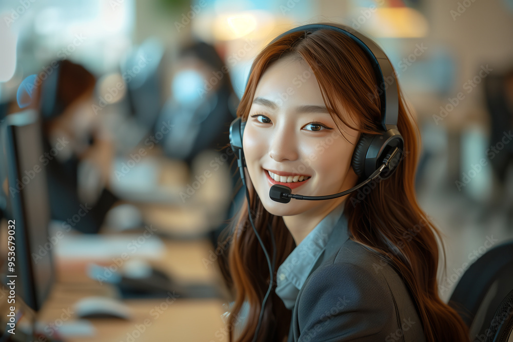 Asian call center employee working in office, communicating with customers Asian call center employee working in office, communicating with customers