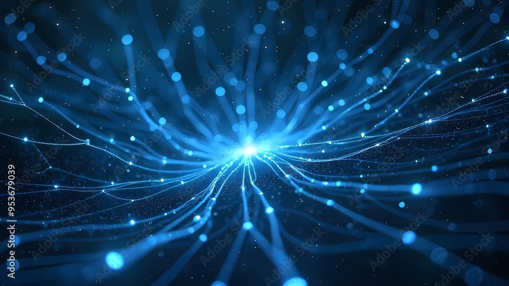 Naklejka premium Abstract Web of Blue Light Strands Suspended in a Dark Starry Sky