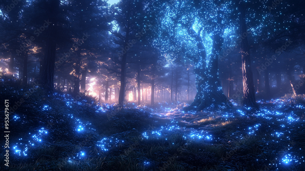 mystical forest bathed in bioluminescent light, where ancient trees glow softly under the starlit sky in a serene woodland mystical forest bathed in bioluminescent light, where ancient trees glow softly under the starlit sky in a serene woodland