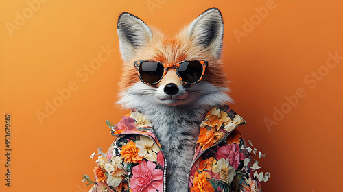 A red fox wearing sunglasses and a floral jacket on an orange background. photo