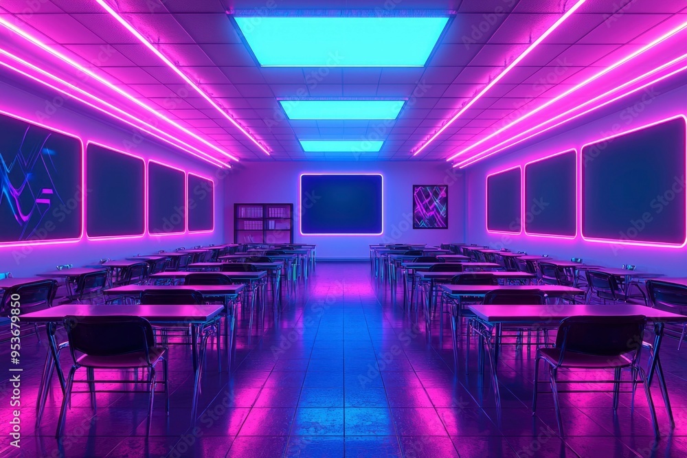 Empty Classroom Illuminated by Neon Lights Empty Classroom Illuminated by Neon Lights