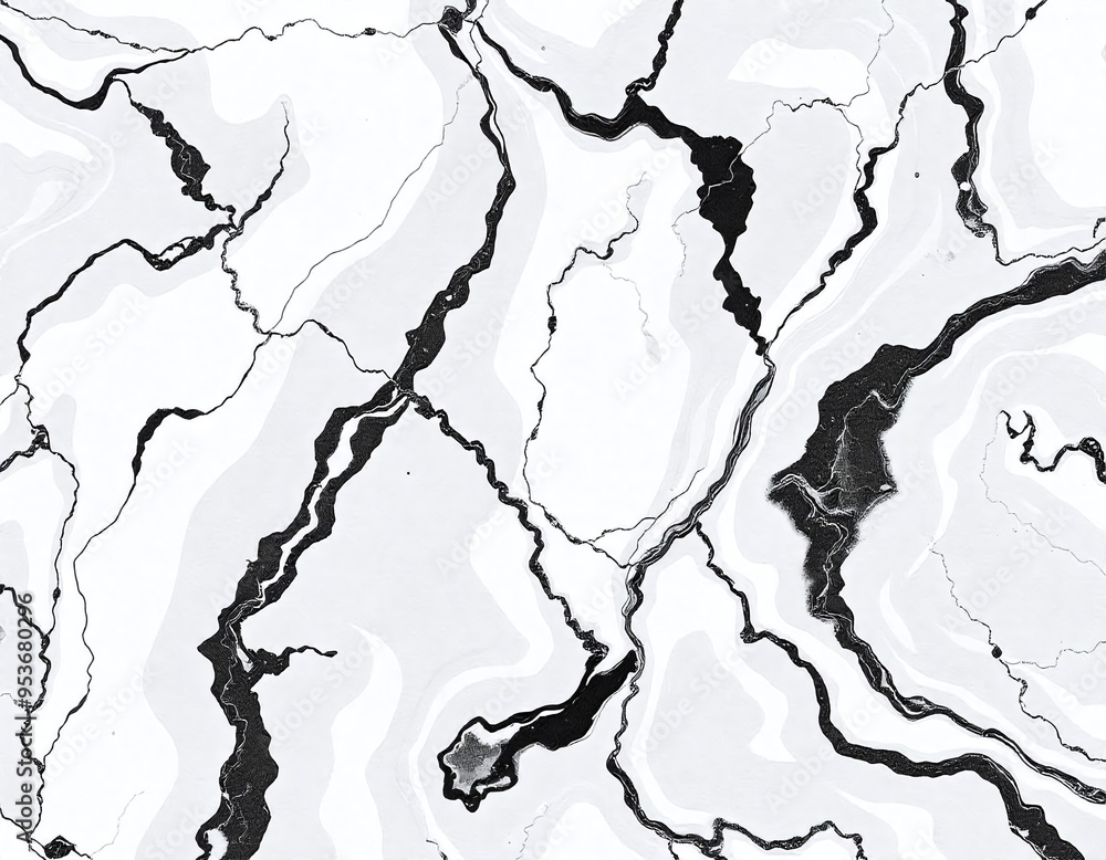 The image displays a close-up view of a surface with a marble-like pattern. It features a predominantly white background with intricate, dark gray veins running through it. The veins create a network The image displays a close-up view of a surface with a marble-like pattern. It features a predominantly white background with intricate, dark gray veins running through it. The veins create a network