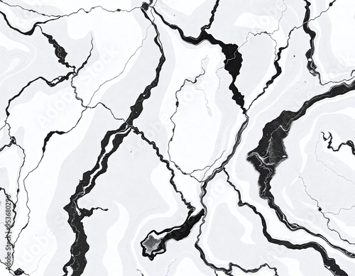 The image displays a close-up view of a surface with a marble-like pattern. It features a predominantly white background with intricate, dark gray veins running through it. The veins create a network 