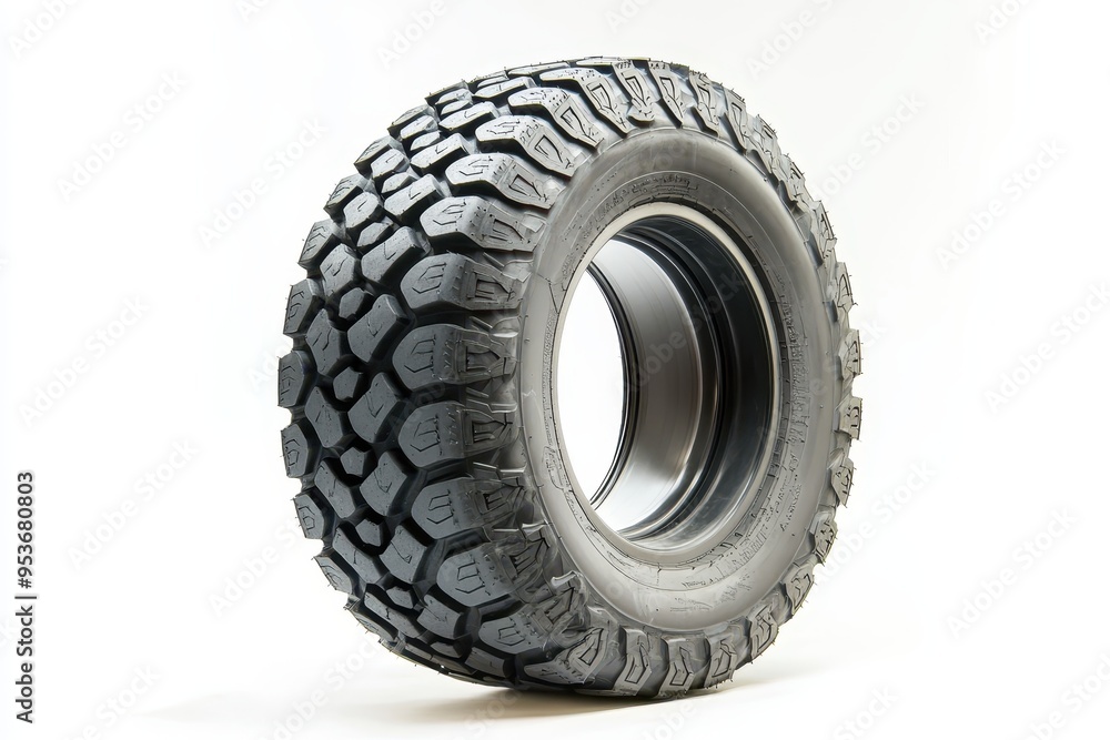 A rugged tire designed for off-road vehicles, showcasing its tread pattern and durability. A rugged tire designed for off-road vehicles, showcasing its tread pattern and durability.