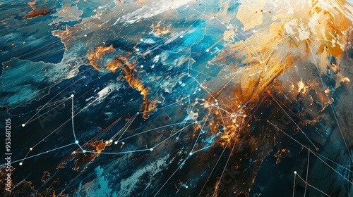 Satellite network canvas over Europe visualized in an abstract expressionistic style with vivid photo