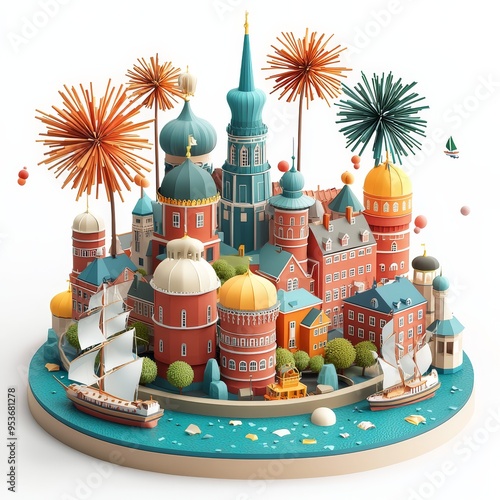 Isometric Illustration of 3d Denmark with firework in new year icon photo