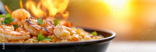 paella with shrimp and sausage in the pan on fire with blur background