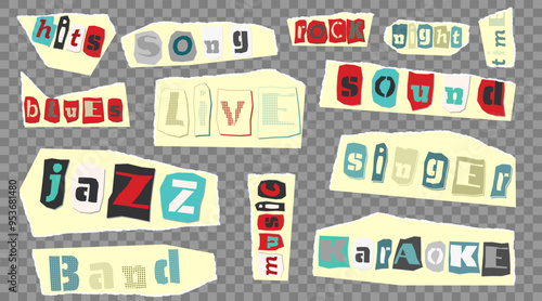 Foto Set of cut newspapers magazines and paper vintage colorful words