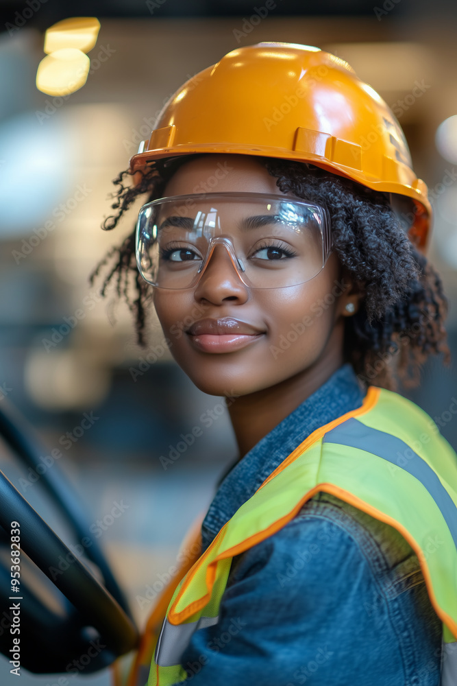 African American female employee driving a forklift in a factory. African American female employee driving a forklift in a factory.