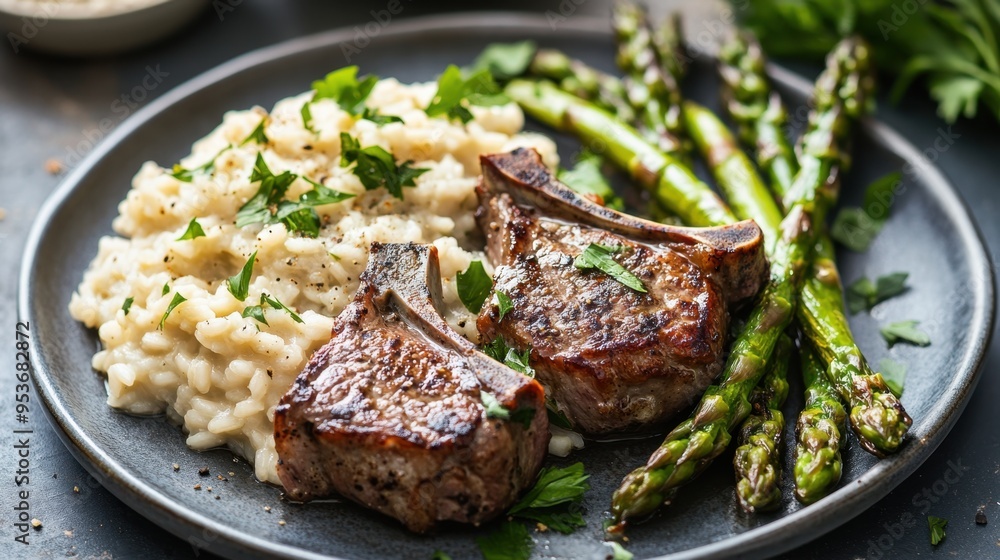 A plate of food with meat and asparagus on it
