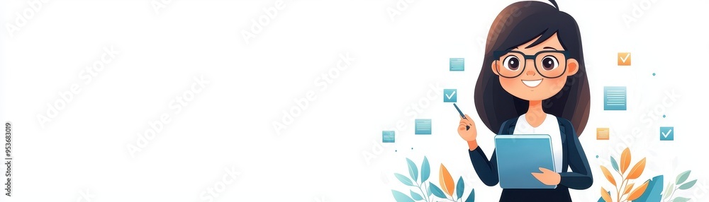 A cheerful student holding a tablet, surrounded by modern icons representing education and technology in a bright, colorful design. A cheerful student holding a tablet, surrounded by modern icons representing education and technology in a bright, colorful design.