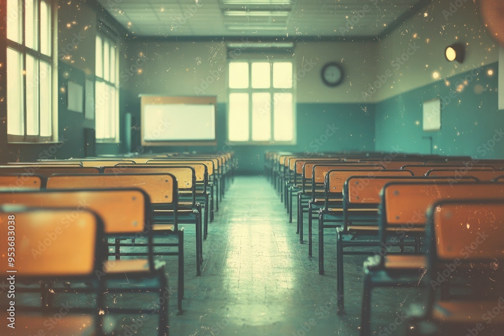 Empty Classroom with Rows of Desks and Chairs Empty Classroom with Rows of Desks and Chairs