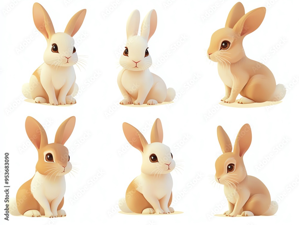 An adorable collection of cartoon-style rabbits displayed in various poses, showcasing their charm and playful nature. An adorable collection of cartoon-style rabbits displayed in various poses, showcasing their charm and playful nature.